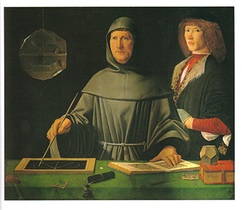 Le petit rhombicuboctaèdre en verre se trouve dans le coin supérieur gauche du tableau, suspendu. Le livre en bas à droite est Summa De Arithmetica Geometrica Proportioni e proportionalita, pour lequel Pacioli est le plus connu. Ces éléments permettent d'identifier le personnage central : Luca Pacioli lui-même.